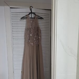 Xscape Beaded Bodice Maxi Dress in Tan